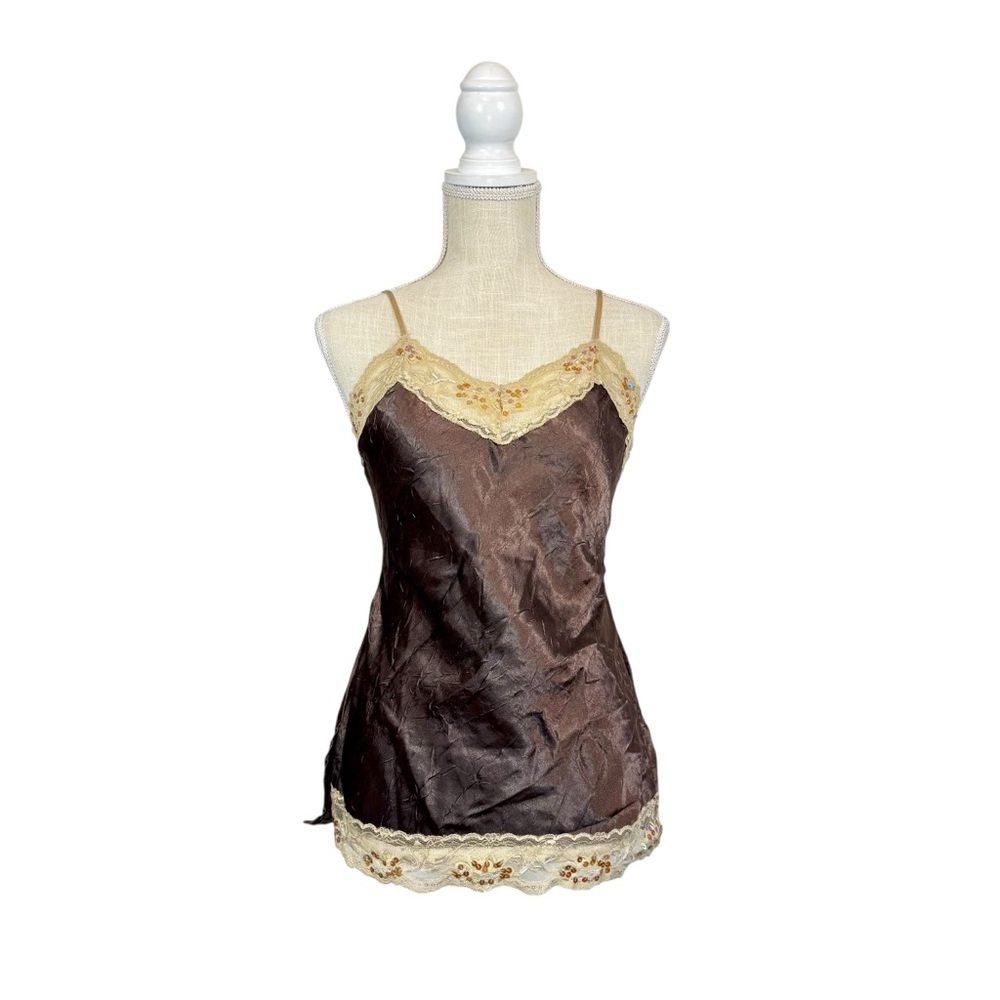 VTG Y2Kโ No Boundaries Lace Lined Brown Cami Top Feminine Romantic Coquette 7/9